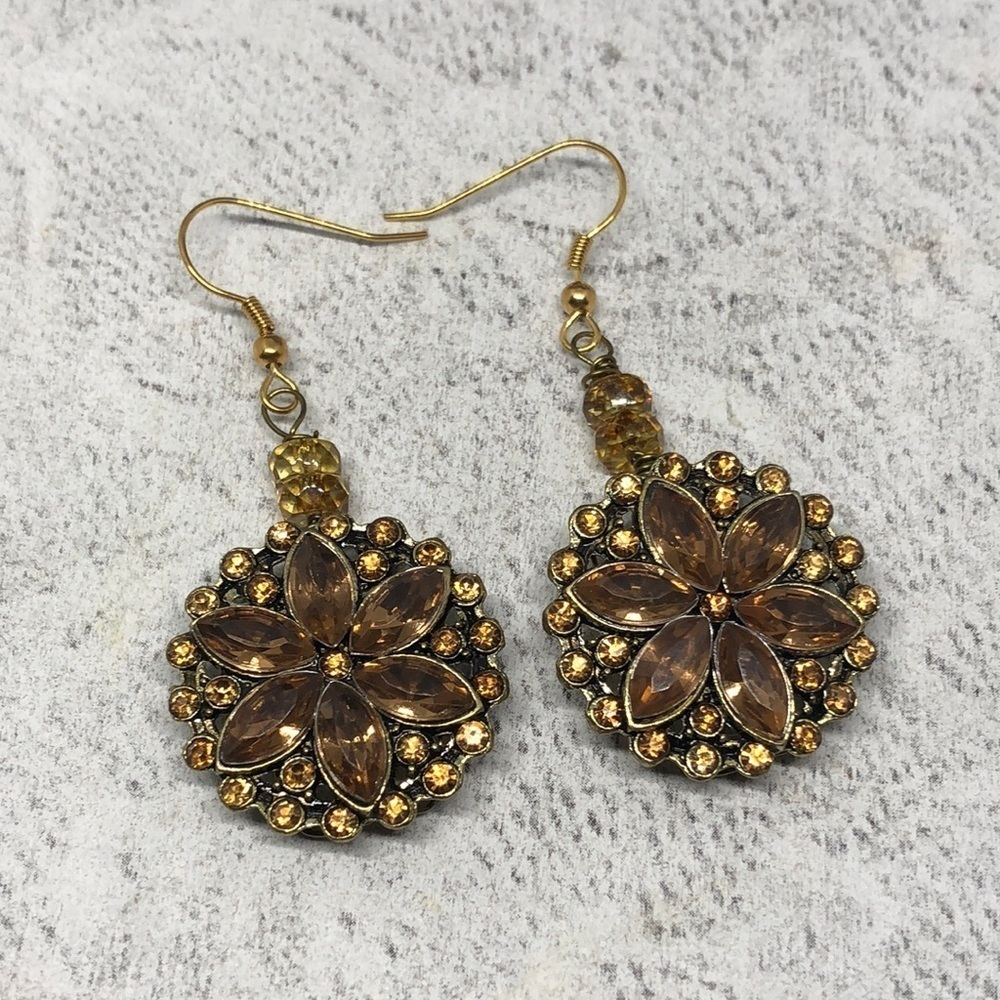 Upcycled artisan dazzling flower earrings formal dressy dangle drop statement.